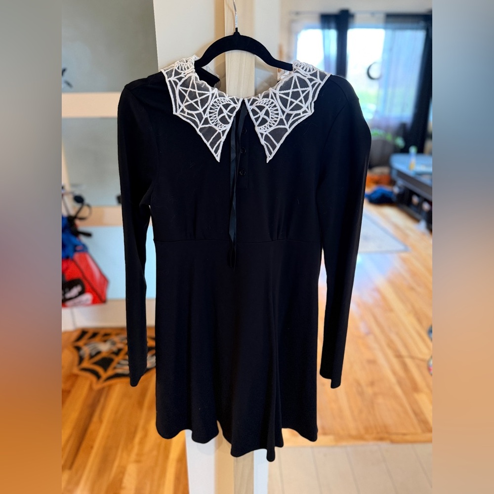 Killstar Black Dress with White Lace Spiderweb Collar - Gothic A-line